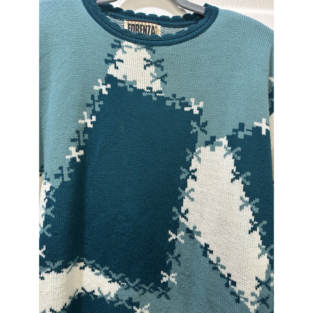 VINTAGE 90's Forenza Sweater Women's Med Oversized Green Teal Geometric Pullover - Picture 5 of 5
